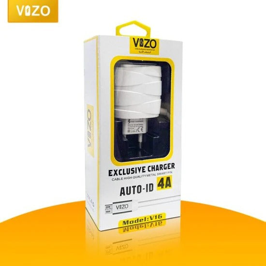 Vizo V16 4A Smart Fast Micro USB Charger | 3 USB Ports + Built-in Micro USB Cable | Multi-Port Android Mobile Charger | Universal USB Wall Charger (100–240V)