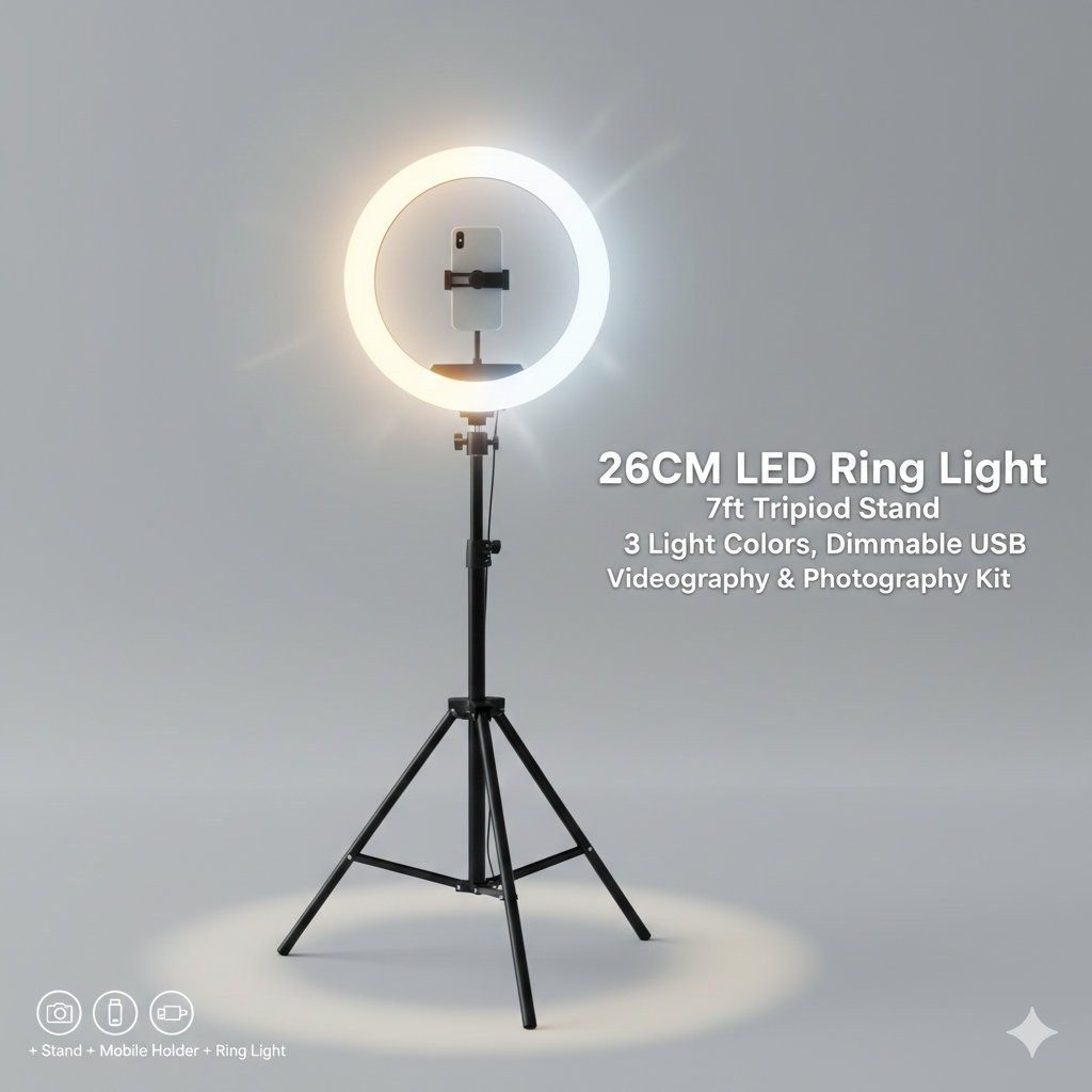 26CM LED Ring Light with Mobile Holder & 7ft Tripod Stand | USB Dimmable Selfie Ring Light for Photography & Videography