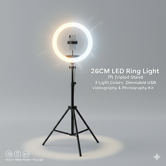 26CM LED Ring Light with Mobile Holder & 7ft Tripod Stand | USB Dimmable Selfie Ring Light for Photography & Videography