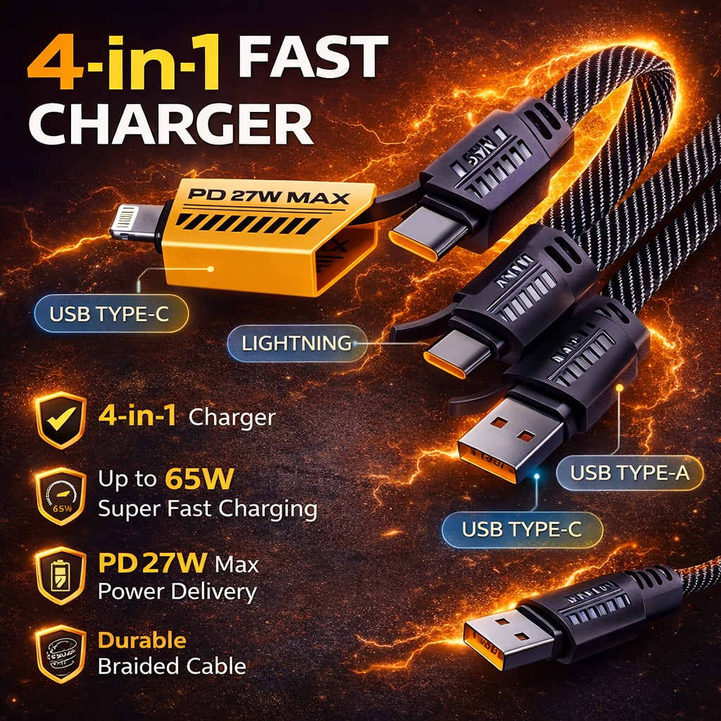 4-in-1 Multi USB Charging Cable – Fast PD Charger for iPhone, iPad, Samsung & MacBook