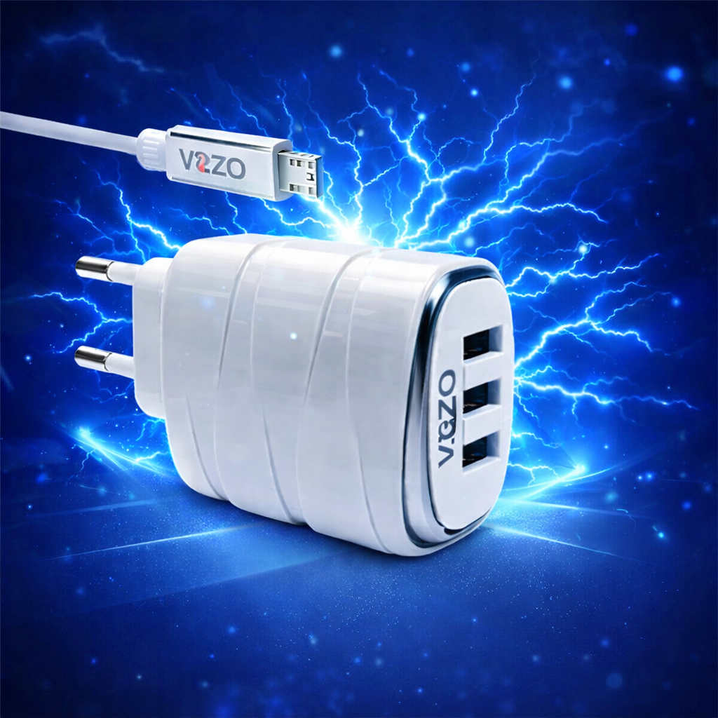 Vizo V16 4A Smart Fast Micro USB Charger | 3 USB Ports + Built-in Micro USB Cable | Multi-Port Android Mobile Charger | Universal USB Wall Charger (100–240V)