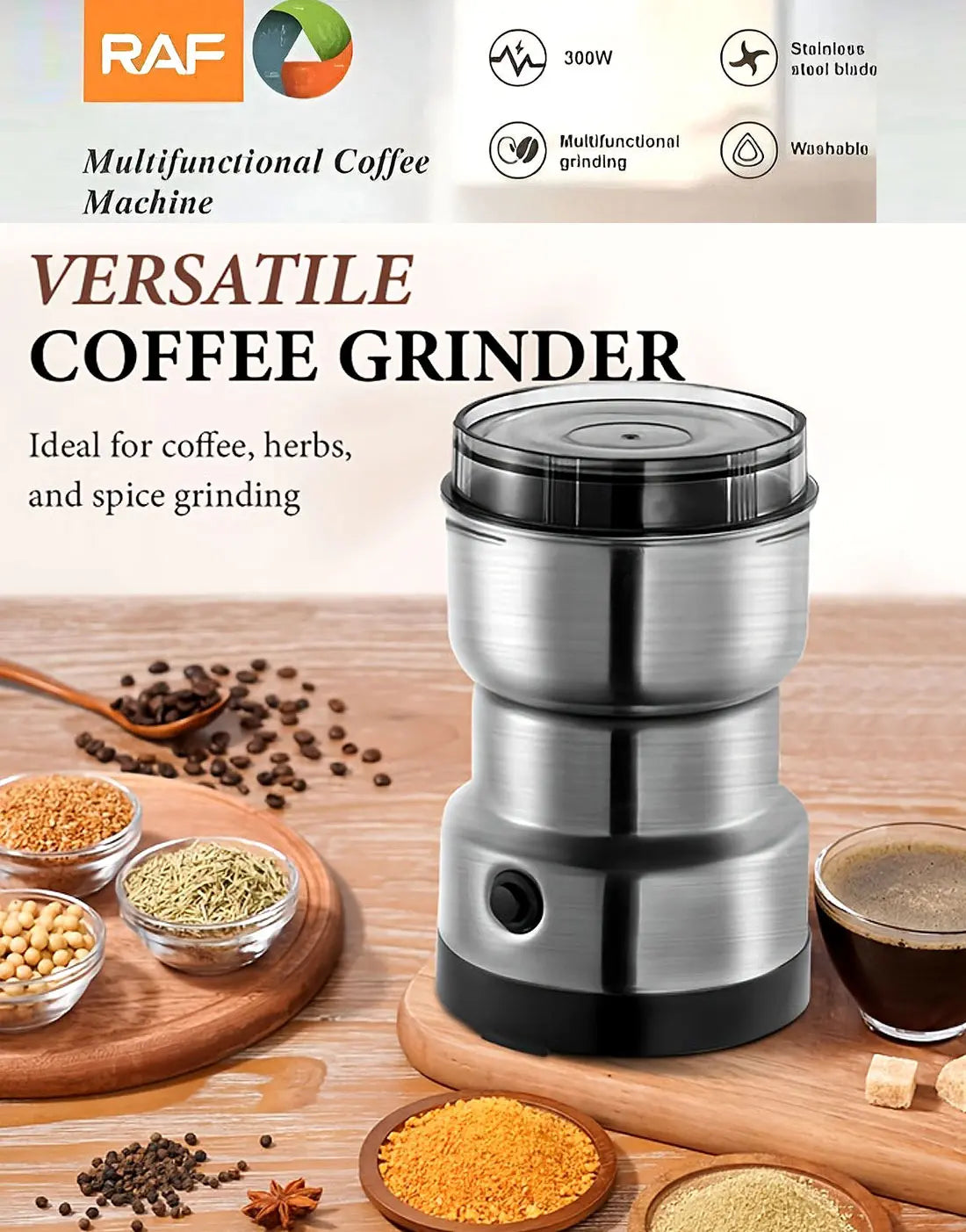 RAF Mini Electric Grinder | Stainless Steel Coffee & Spice Grinder | 220V High-Speed Masala Grinder